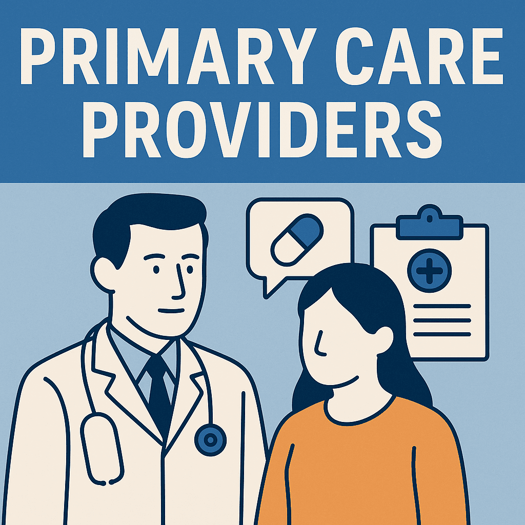 Illustration of a primary care provider consulting with a patient, with healthcare icons and bold text reading "Primary Care Providers"