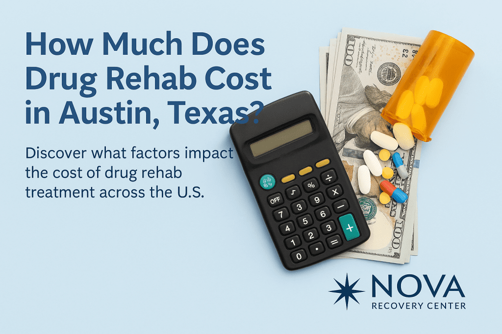 Drug rehab cost graphic featuring calculator, pills, and Nova Recovery Center logo