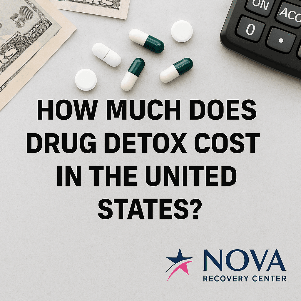 Drug detox cost image featuring calculator, money, pills, and Nova Recovery Center logo
