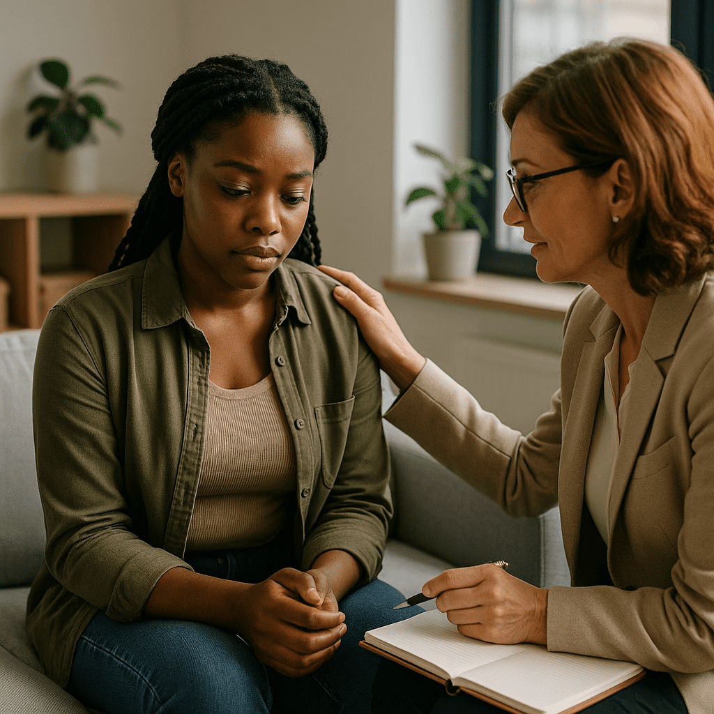 Counselor comforting a young woman during an outpatient drug rehab session