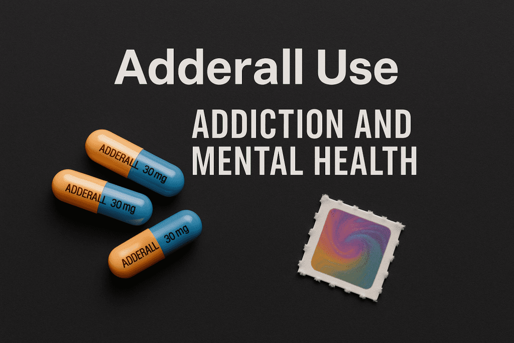 Adderall capsules with bold text “Adderall Use – Addiction and Mental Health” alongside a colorful LSD blotter, representing the risks of Adderall use and mixing LSD and Adderall.