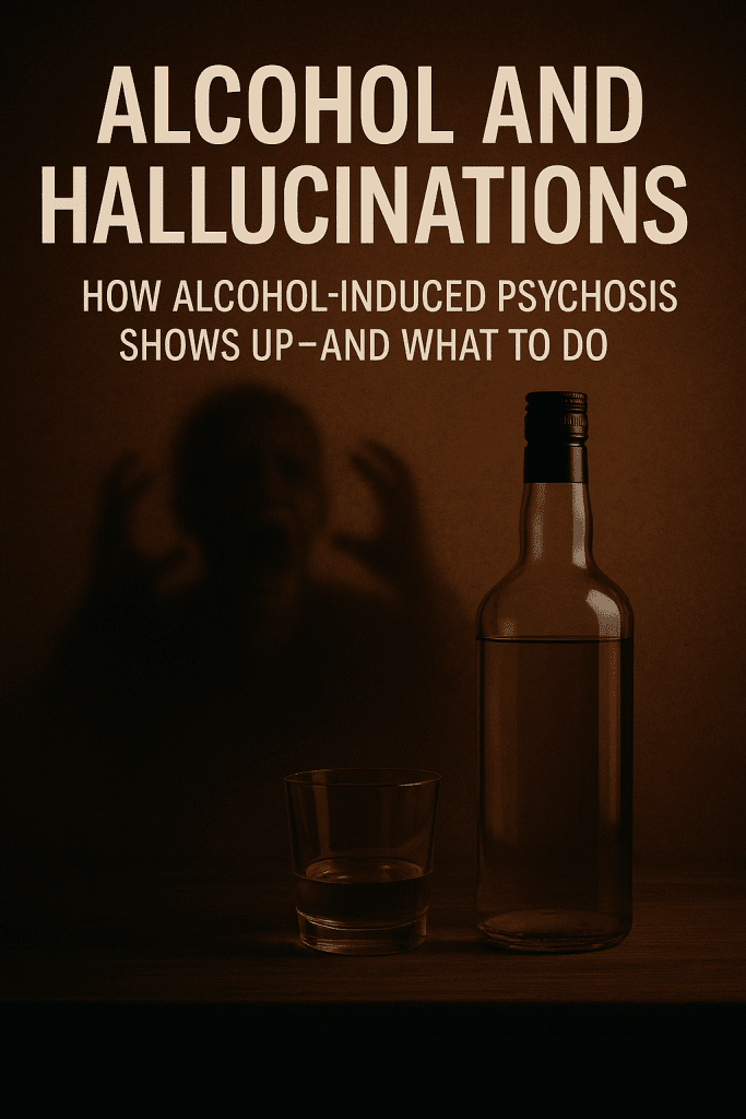 Alcohol and hallucinations—illustration of alcohol induced psychosis showing bottle of liquor, shadowy figure, and signs of alcoholic hallucinosis.