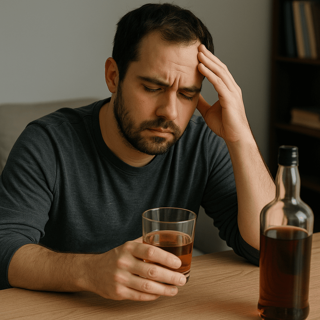 Man struggling with alcohol use disorder DSM-5 criteria, showing the emotional toll of alcoholism.