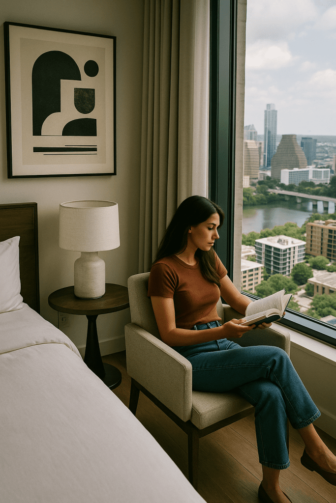 Woman in her 20s reading a book in a modern high-rise condo bedroom — cinematic overhead 35 mm shot with long hair — can you die from sleeping pills focus